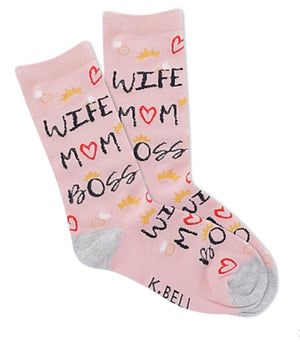 K. BELL Brand Ladies WIFE, MOM BOSS Socks With HEARTS & CROWNS - Novelty Socks for Less