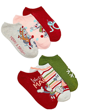 DISNEY LADIES 6 PAIR OF CHRISTMAS NO SHOW SOCKS ‘MERRY & BRIGHT’ - Novelty Socks for Less