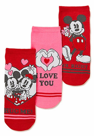 DISNEY MICKEY & MINNIE VALENTINES DAY 3 Pair Of No Show Socks ‘HUG ME’ - Novelty Socks for Less