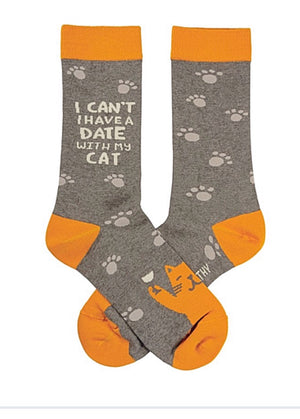PRIMITIVES BY KATHY UNISEX CAT SOCKS ‘I CAN’T I HAVE A DATE WITH MY CAT’ - Novelty Socks for Less