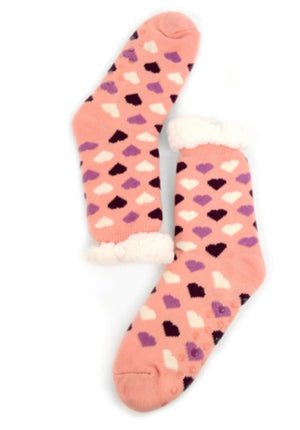 NOLLIA BRAND Ladies PINK HEART NON-SKID SHERPA SLIPPER SOCKS - Novelty Socks for Less