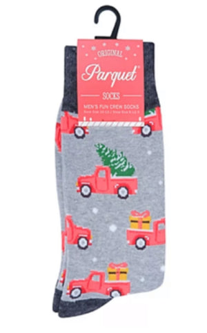 PARQUET Brand Men’s CHRISTMAS Socks RED TRUCK & TREES - Novelty Socks for Less