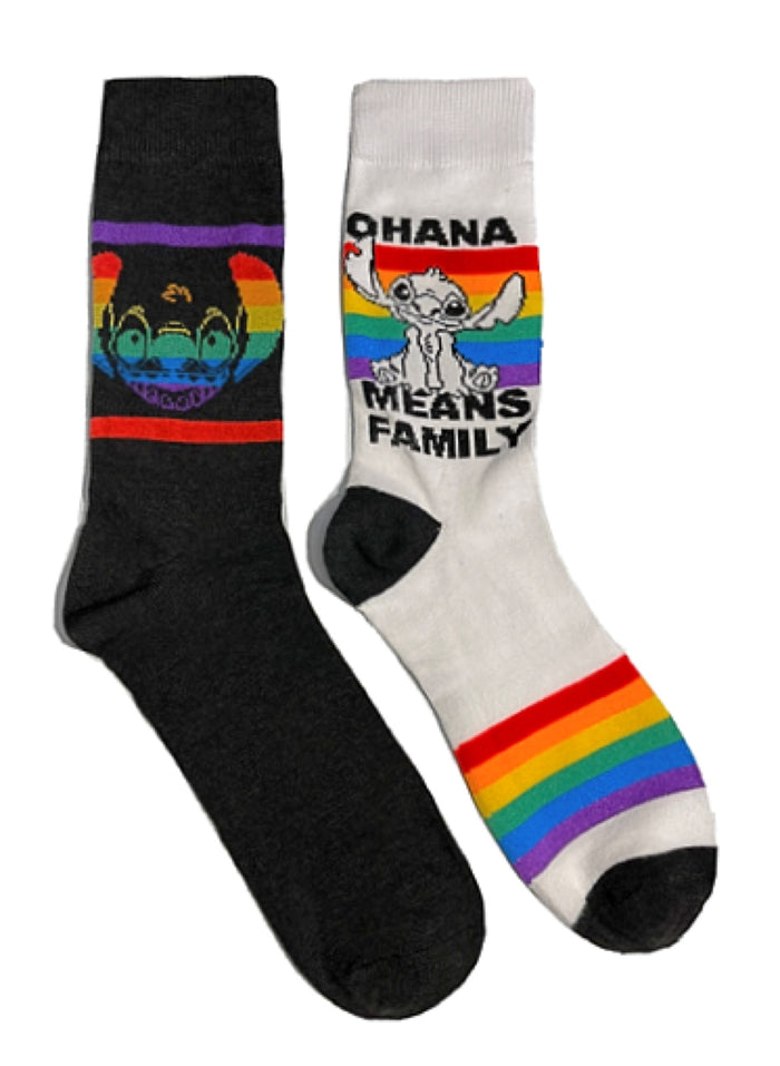 DISNEY LILO & STITCH Men’s 2 Pair Of RAINBOW PRIDE Socks ‘OHANA MEANS FAMILY’