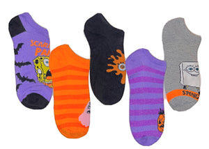 SPONGEBOB SQUAREPANTS LADIES HALLOWEEN 5 PAIR NO SHOW SOCKS ‘SCAREDY PANTS’ - Novelty Socks for Less