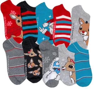 RUDOLPH THE RED-NOSED REINDEER LADIES 10 Pair Of Low Show CHRISTMAS SOCKS - Novelty Socks for Less