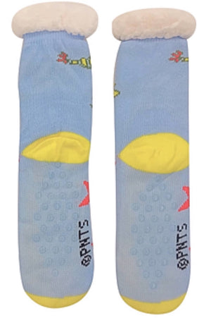 PEANUTS Ladies Sherpa Lined Gripper Bottom Slipper Socks SNOOPY & WOODSTOCK On Sled - Novelty Socks for Less