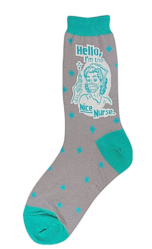 FOOT TRAFFIC BRAND LADIES NURSE SOCKS ‘HELLO I’M THE NICE NURSE’ - Novelty Socks for Less