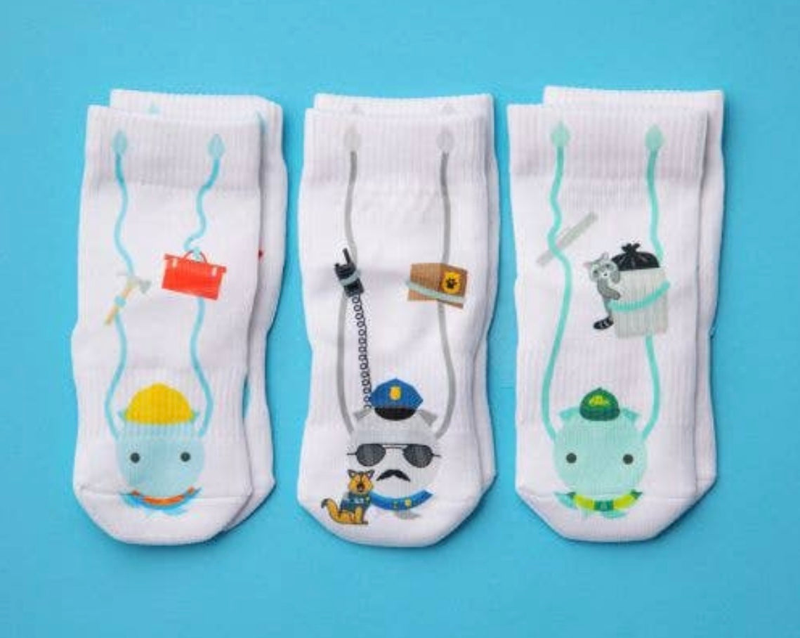 SQUID SOCKS Brand Unisex INFANT/TODDLER 3 Pair Of STAY ON Socks 'CHASE  COLLECTION