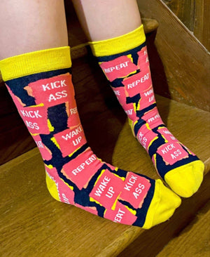 FABDAZ Brand Ladies WAKE UP KICK ASS REPEAT Socks - Novelty Socks for Less