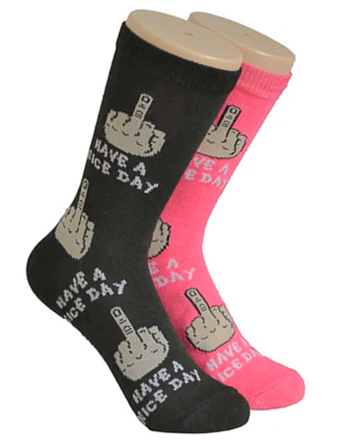 FOOZYS Brand Ladies 2 Pair Of MIDDLE FINGER Socks 'HAVE A NICE DAY'