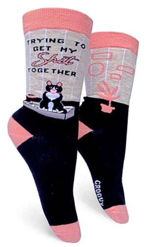 GROOVY THINGS BRAND LADIES CAT SOCKS ‘TRYING TO GET MY SHIT TOGETHER’ - Novelty Socks for Less