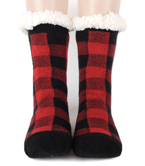NOLLIA BRAND Ladies RED & BLACK CHECK NON-SKID SHERPA SLIPPER SOCKS - Novelty Socks for Less