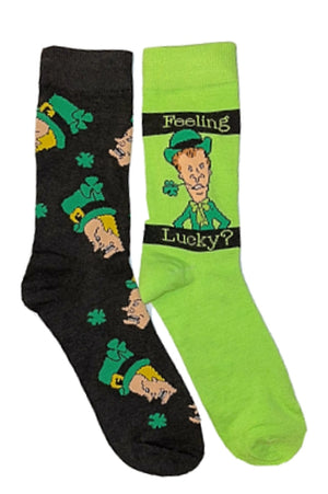 BEAVIS & BUTT-HEAD Men’s 2 Pair Of ST. PATRICKS DAY Socks 'FEELING LUCKY?' - Novelty Socks for Less