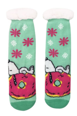 PEANUTS Ladies Sherpa Lined Gripper Bottom Slipper Socks SNOOPY ON DONUT - Novelty Socks for Less