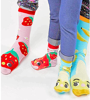 PALS SOCKS Brand Unisex STRAWBERRY & BANANA Mismatched Gripper Bottom Socks (CHOOSE SIZE) - Novelty Socks for Less