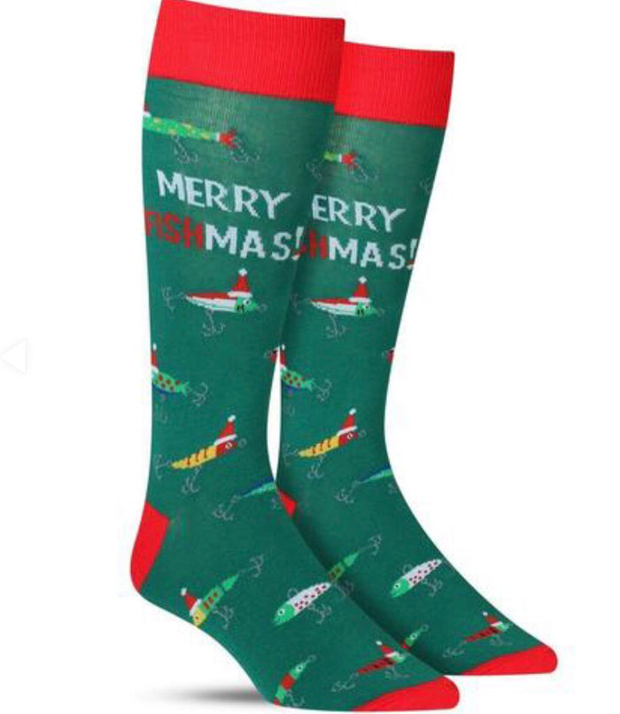 FOOT TRAFFIC Brand Men’s CHRISTMAS FISHING Socks 'MERRY FISHMAS'