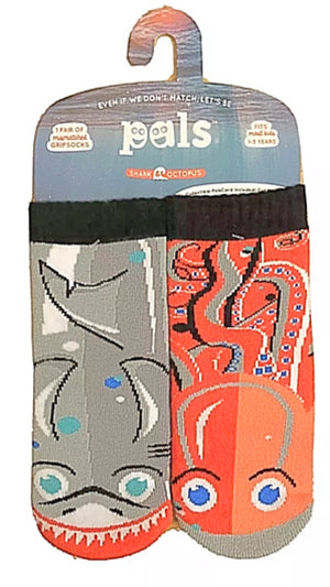 PALS SOCKS Brand Unisex SHARK & OCTOPUS Mismatched Gripper Bottom Socks (CHOOSE SIZE) - Novelty Socks for Less