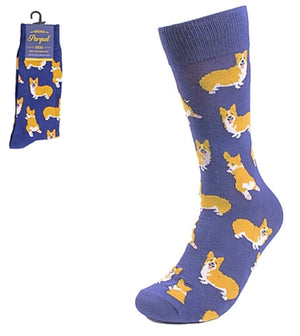 PARQUET Brand Men’s CORGI Dog Socks BLUE Or GRAY - Novelty Socks for Less