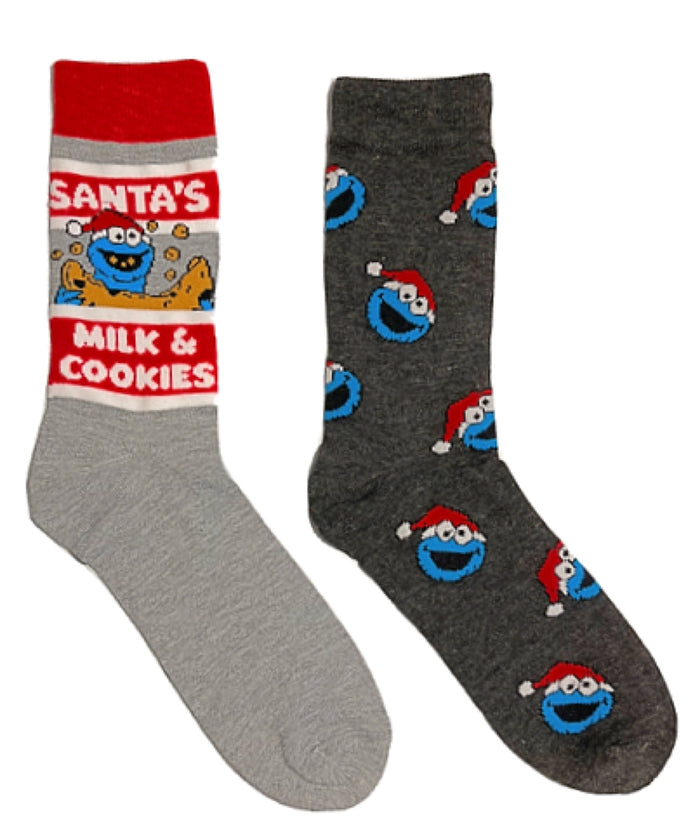 SESAME STREET Men’s 2 Pair Of COOKIE MONSTER CHRISTMAS Socks 'SANTA'S MILK & COOKIES'