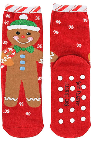 FOOT TRAFFIC Brand Ladies GINGERBREAD MAN NON-SKID SLIPPER SOCKS - Novelty Socks for Less