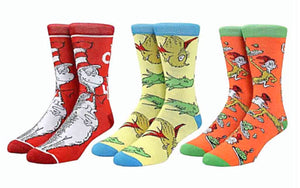 DR. SEUSS Men’s 3 Pair Of Socks CAT IN THE HAT BIOWORLD Brand - Novelty Socks for Less