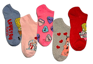 SPONGEBOB SQUAREPANTS Ladies 5 Pair Of VALENTINE’S DAY No Show Socks - Novelty Socks for Less