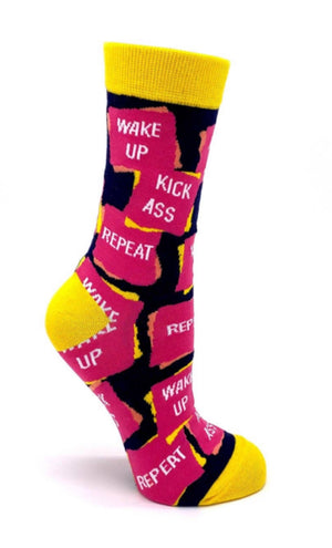 FABDAZ Brand Ladies WAKE UP KICK ASS REPEAT Socks - Novelty Socks for Less