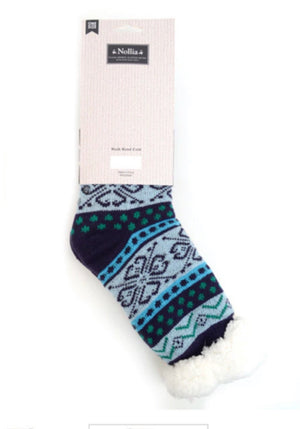 NOLLIA BRAND Ladies Blue Winter Theme NON-SKID SHERPA SLIPPER SOCKS - Novelty Socks for Less
