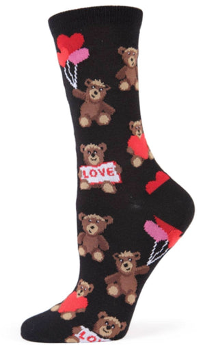 MeMoi BRAND LADIES TEDDY BEAR VALENTINE’S DAY SOCKS WITH HEART SHAPED BALLOONS - Novelty Socks for Less