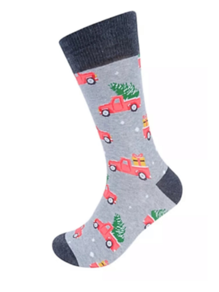 PARQUET Brand Men’s CHRISTMAS Socks RED TRUCK & TREES  as