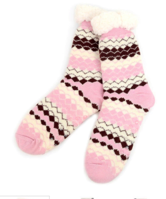 NOLLIA BRAND Ladies Pink Winter Theme Non-Skid Sherpa Slipper Socks