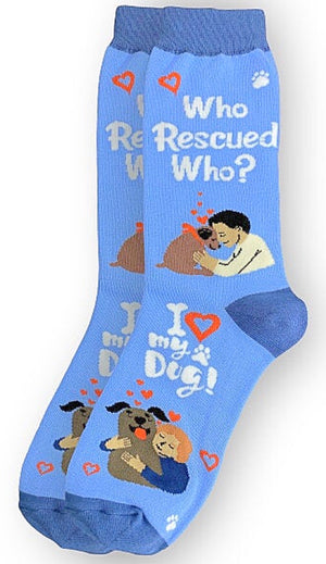 HAPPY TAILS Brand Unisex WHO RESCUED WHO, I LOVE MY DOG Socks E&S Pets - Novelty Socks for Less