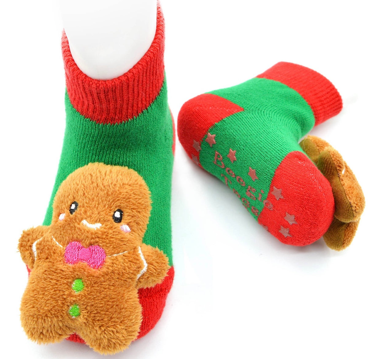 BOOGIE TOES Unisex Baby GINGERBREAD CHRISTMAS RATTLE GRIPPER BOTTOM SOCKS - Novelty Socks for Less