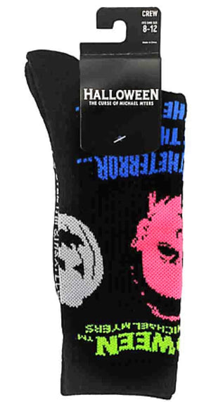 HALLOWEEN MENS MICHAEL MYERS BLACK LIGHT CREW SOCKS BIOWORLD BRAND - Novelty Socks for Less