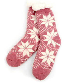 NOLLIA Brand Ladies PINK WITH SNOWFLAKES NON-SKID SLIPPER SOCKS - Novelty Socks for Less