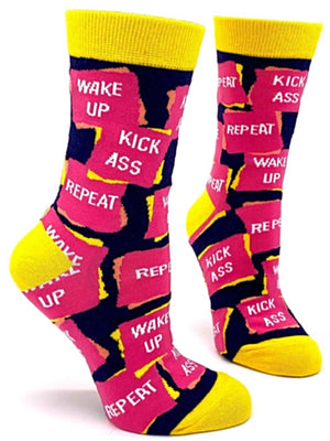 FABDAZ Brand Ladies WAKE UP KICK ASS REPEAT Socks - Novelty Socks for Less