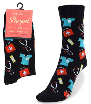 Parquet Brand LADIES DOCTORS, NURSE MEDICAL Socks WITH SCRUBS, STETHOSCOPE, BAND-AIDS - Novelty Socks for Less