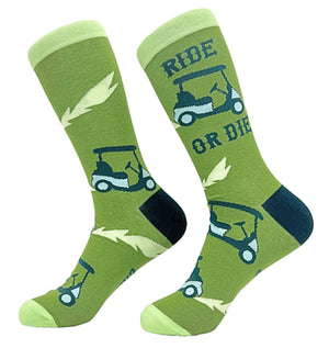 CRAZY DOG Brand Men’s GOLF Socks ‘RIDE OR DIE’ With GOLF CART - Novelty Socks for Less