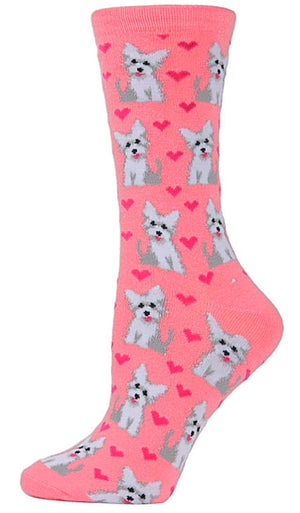 MeMoi BRAND LADIES WESTIE DOG VALENTINE’S DAY SOCKS WITH HEARTS - Novelty Socks for Less