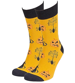 SOCKS N SOCKS Brand Men’s HALLOWEEN Socks BLACK CAT, PUMPKINS & SPIDERS - Novelty Socks for Less