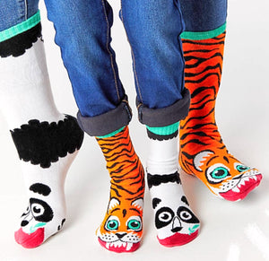 PALS SOCKS Brand Unisex PANDA & TIGER MISMATCHED GRIPPER BOTTOM SOCKS - Novelty Socks for Less