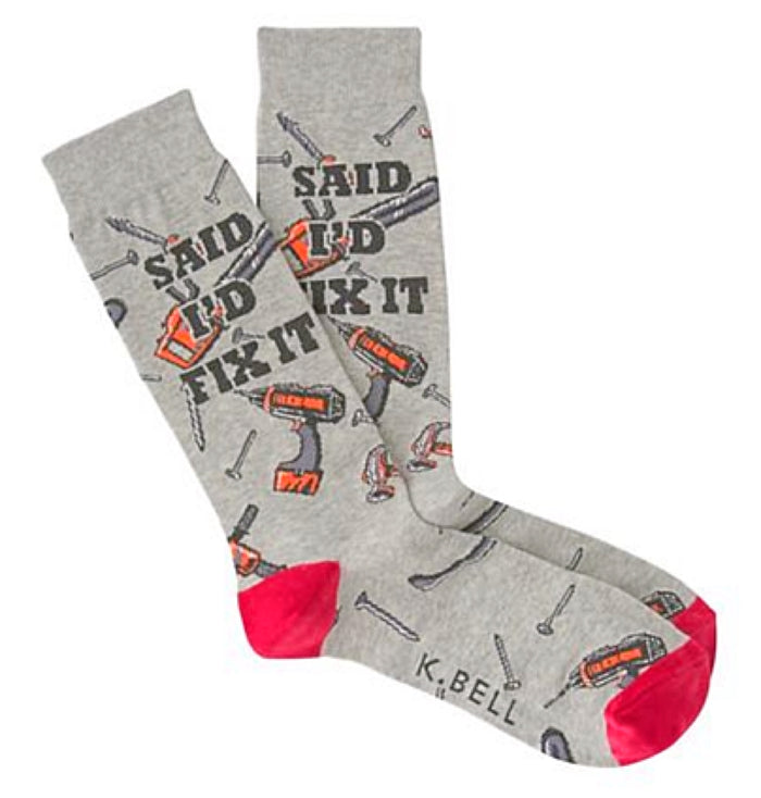 K. BELL Brand Men’s ‘SAID I’D FIX IT’ Socks With TOOLS