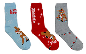 Rudolph The Red Nosed Reindeer Ladies 3 Pair Of Christmas Socks - Novelty Socks for Less