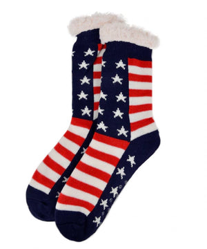 NOLLIA BRAND Ladies AMERICAN FLAG NON-SKID SHERPA SLIPPER SOCKS - Novelty Socks for Less