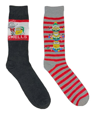 DESPICABLE ME MEN’S 2 PAIR OF MINIONS CHRISTMAS SOCKS ‘SMELLS LIKE CHRISTMAS’ - Novelty Socks for Less