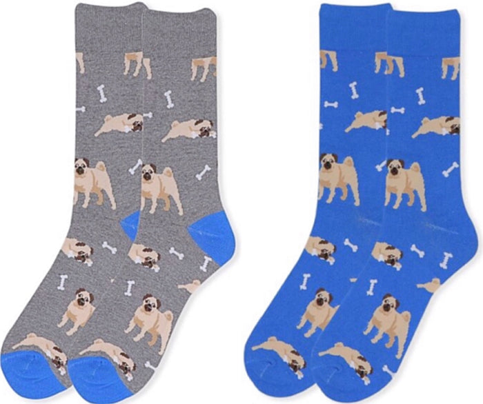 PARQUET BRAND Men's PUG DOG Socks PUG DOGS & BONES (CHOOSE COLOR BLUE OR GRAY)