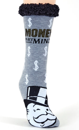 MONOPOLY Ladies Sherpa Lined Gripper Bottom Slipper Socks ‘MONEY ON MY MIND’ - Novelty Socks for Less
