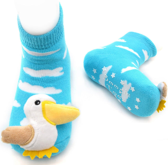 BOOGIE TOES Unisex Baby PELICAN BIRD Rattle GRIPPER BOTTOM Socks By PIERO LIVENTI