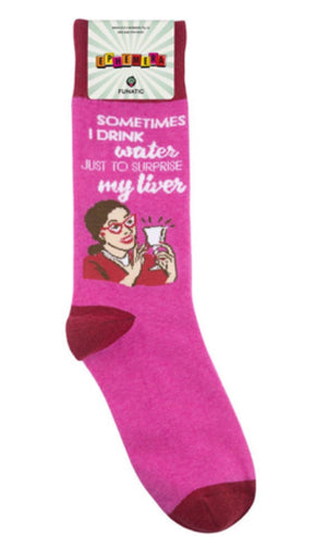 FUNATIC Brand Unisex Socks ‘SOMETIMES I DRINK WATER TO SURPRISE MY LIVER’ - Novelty Socks for Less