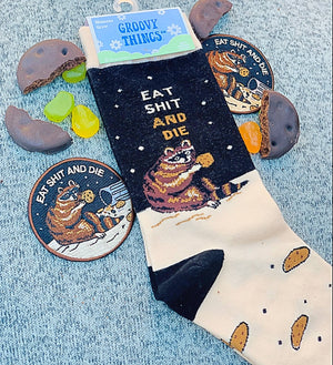 GROOVY THINGS Brand Ladies RACOON SOCKS ‘EAT SHIT & DIE’ - Novelty Socks for Less